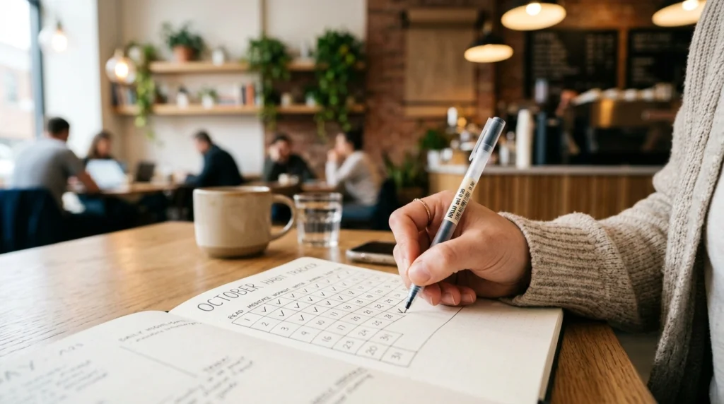 Tangan seseorang mengisi kalender habit tracker di dalam jurnal minimalis dengan latar kafe estetik.