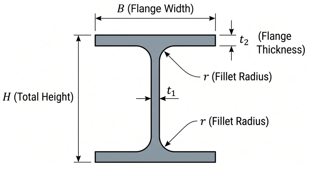 Diagram teknis penampang melintang balok baja H-Beam dengan keterangan dimensi H (Tinggi), B (Lebar), t1 (Web), t2 (Flange), dan radius fillet (r) untuk kalkulator fabrikasi.
