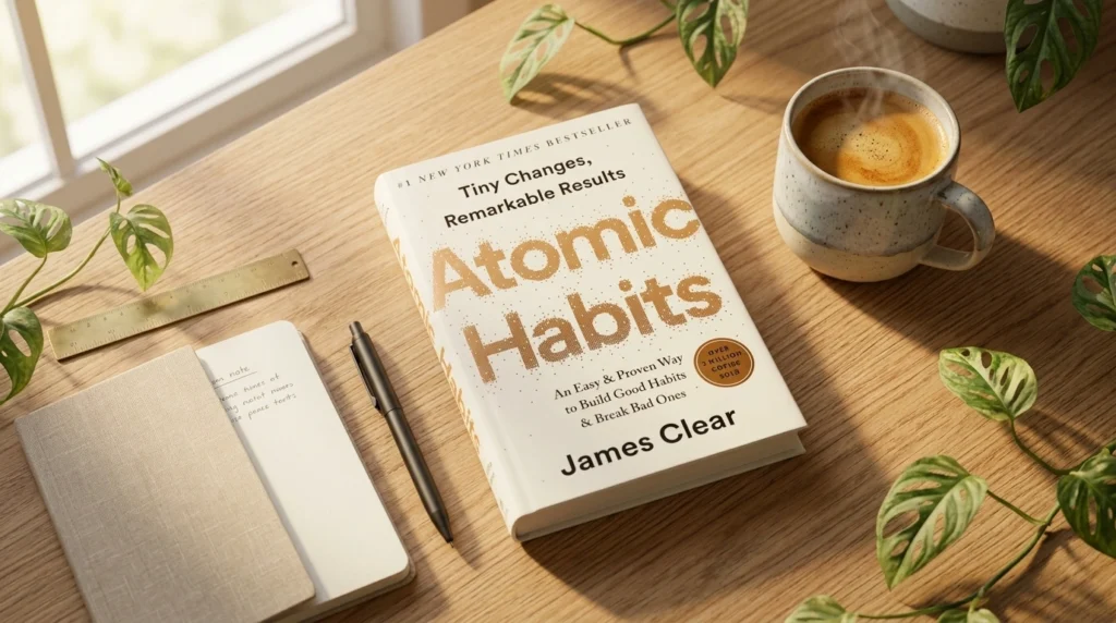 Buku Atomic Habits di atas meja dengan secangkir kopi sebagai ilustrasi membangun kebiasaan baru.