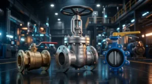 Koleksi berbagai jenis katup industri seperti gate valve, ball valve, dan butterfly valve berbahan baja tahan karat.