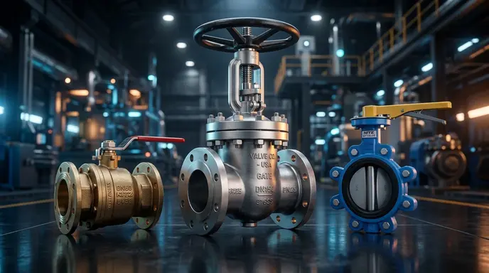 Koleksi berbagai jenis katup industri seperti gate valve, ball valve, dan butterfly valve berbahan baja tahan karat.