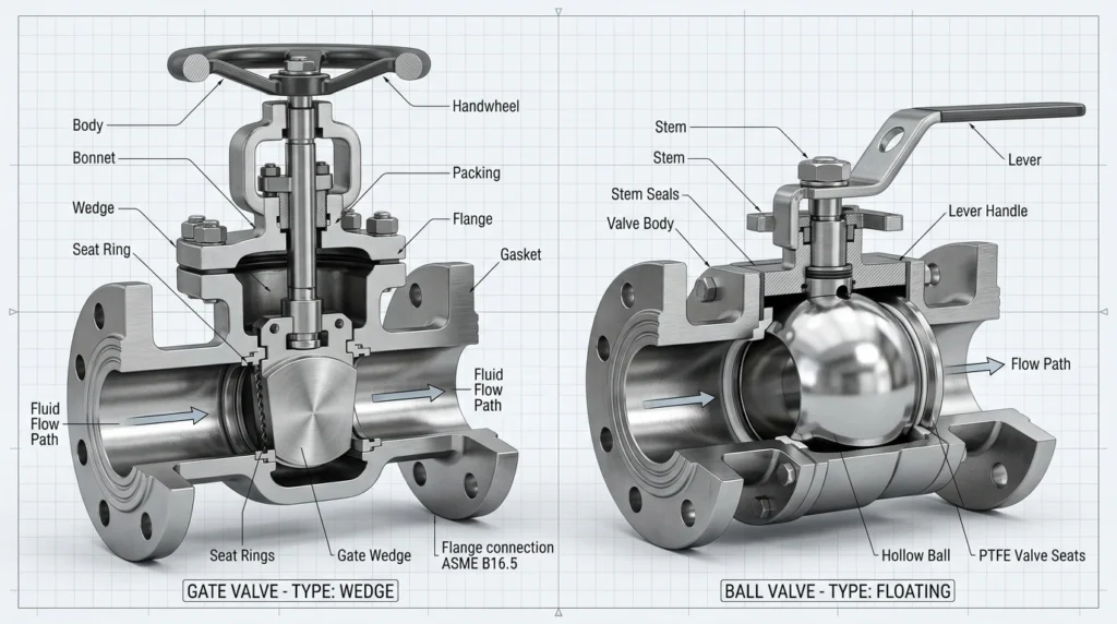 Diagram potong lintang internal gate valve dan ball valve baja tahan karat.